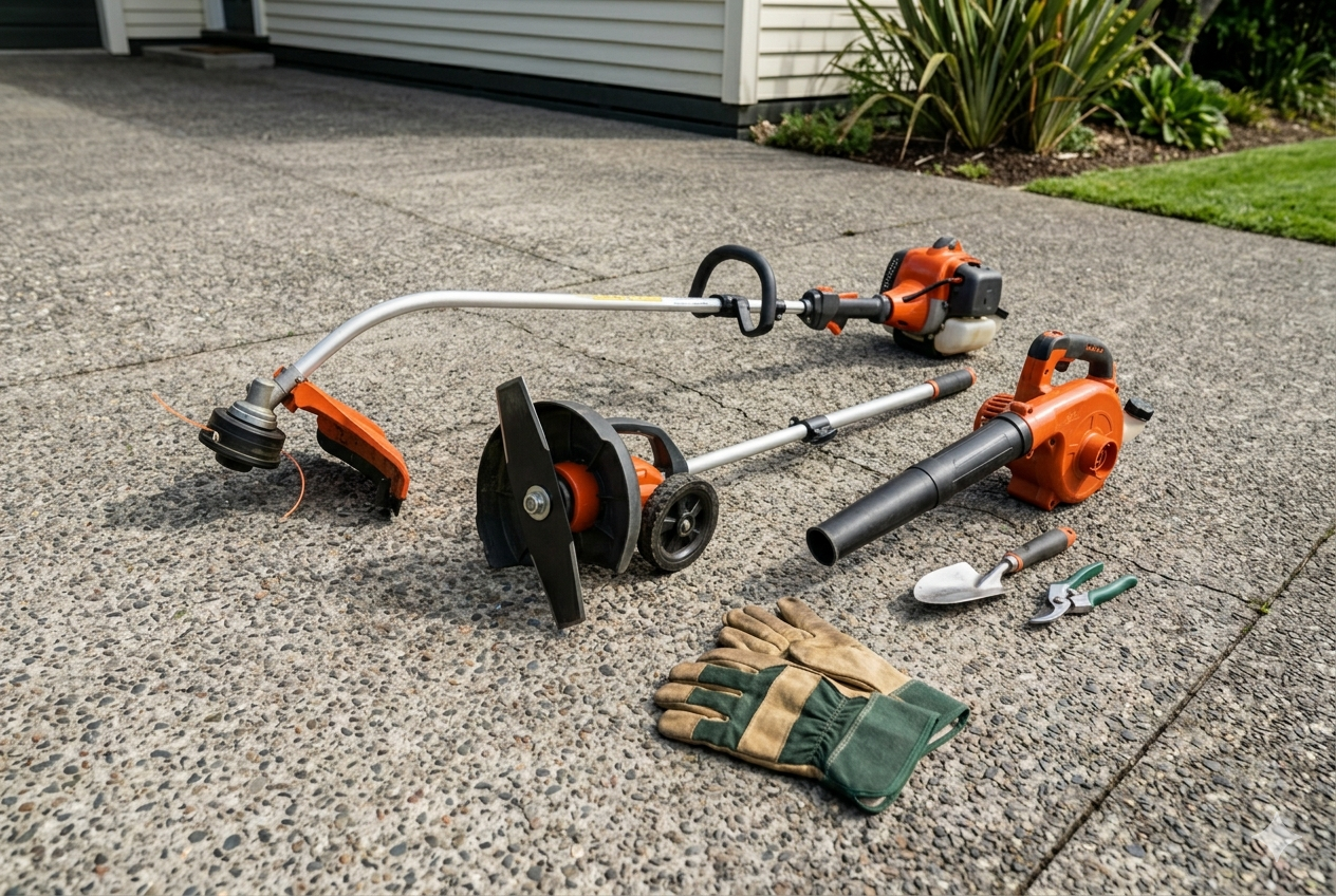 Professional lawn and garden tools laid out on a Wellington driveway